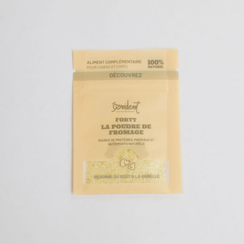 Échantillon de fromage en ppudre, complément alimentaire chien et chat.